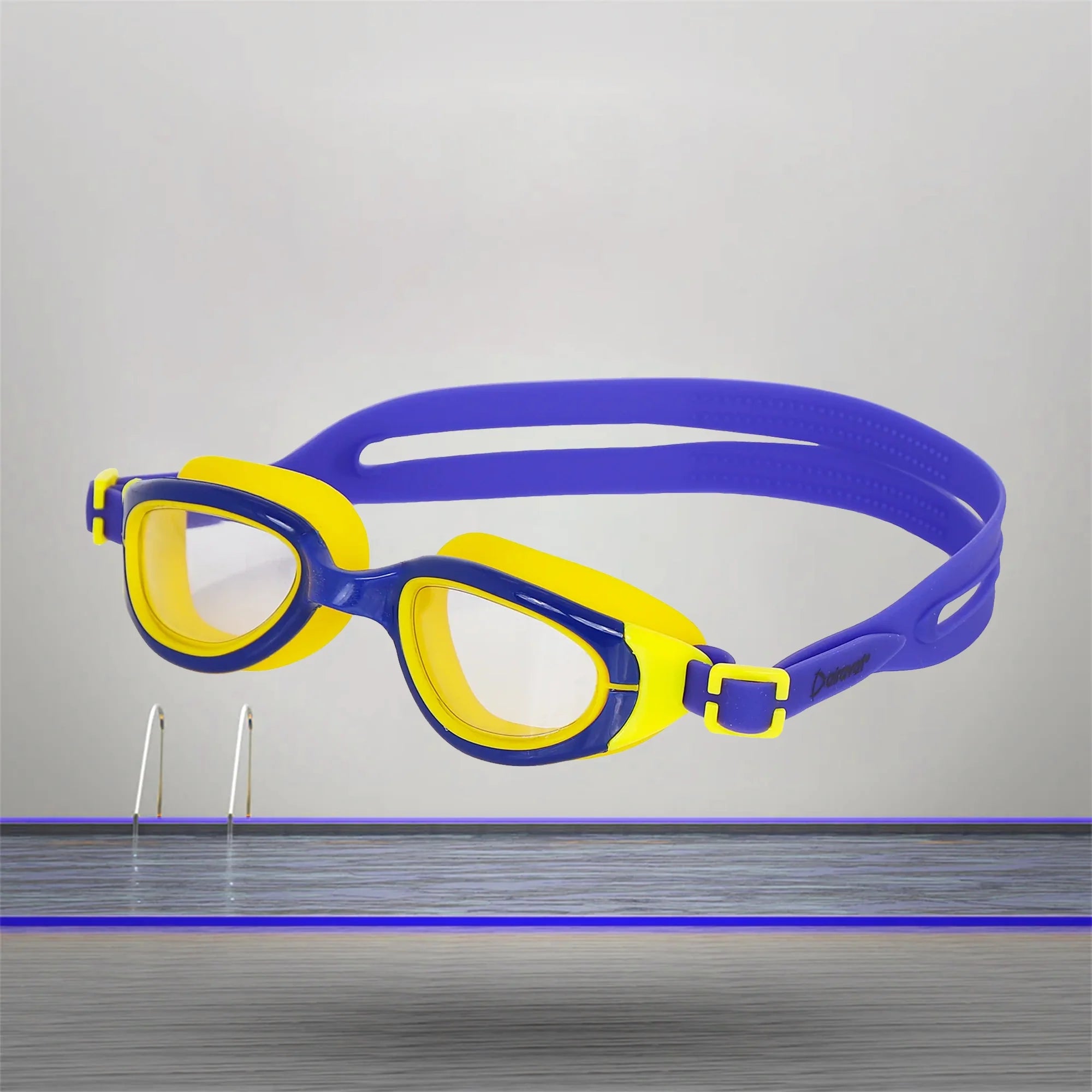 Airavat Orion 1022 Junior Swimming Goggles with clear lenses, adjustable non-slip strap, and colorful design