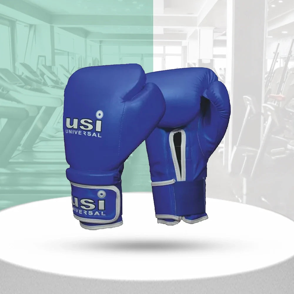 Review of USI Universal Reliance Boxing Gloves - Blue highlighting features and benefits.