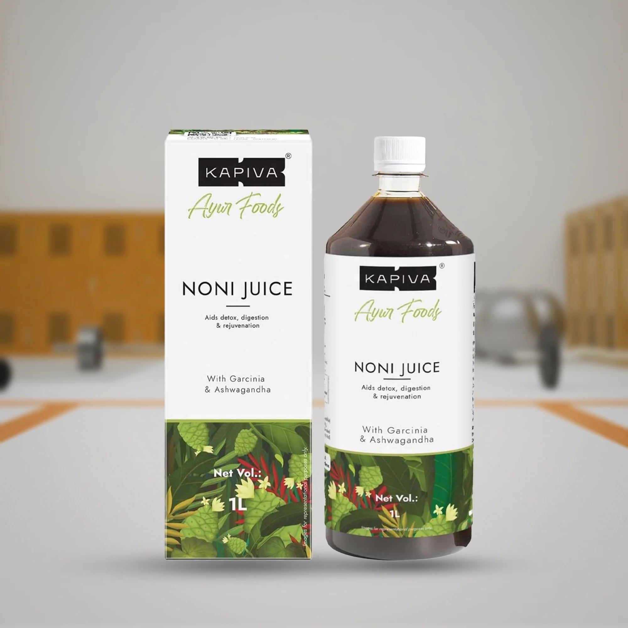 Kapiva Noni Juice Bottle and Noni Fruit
