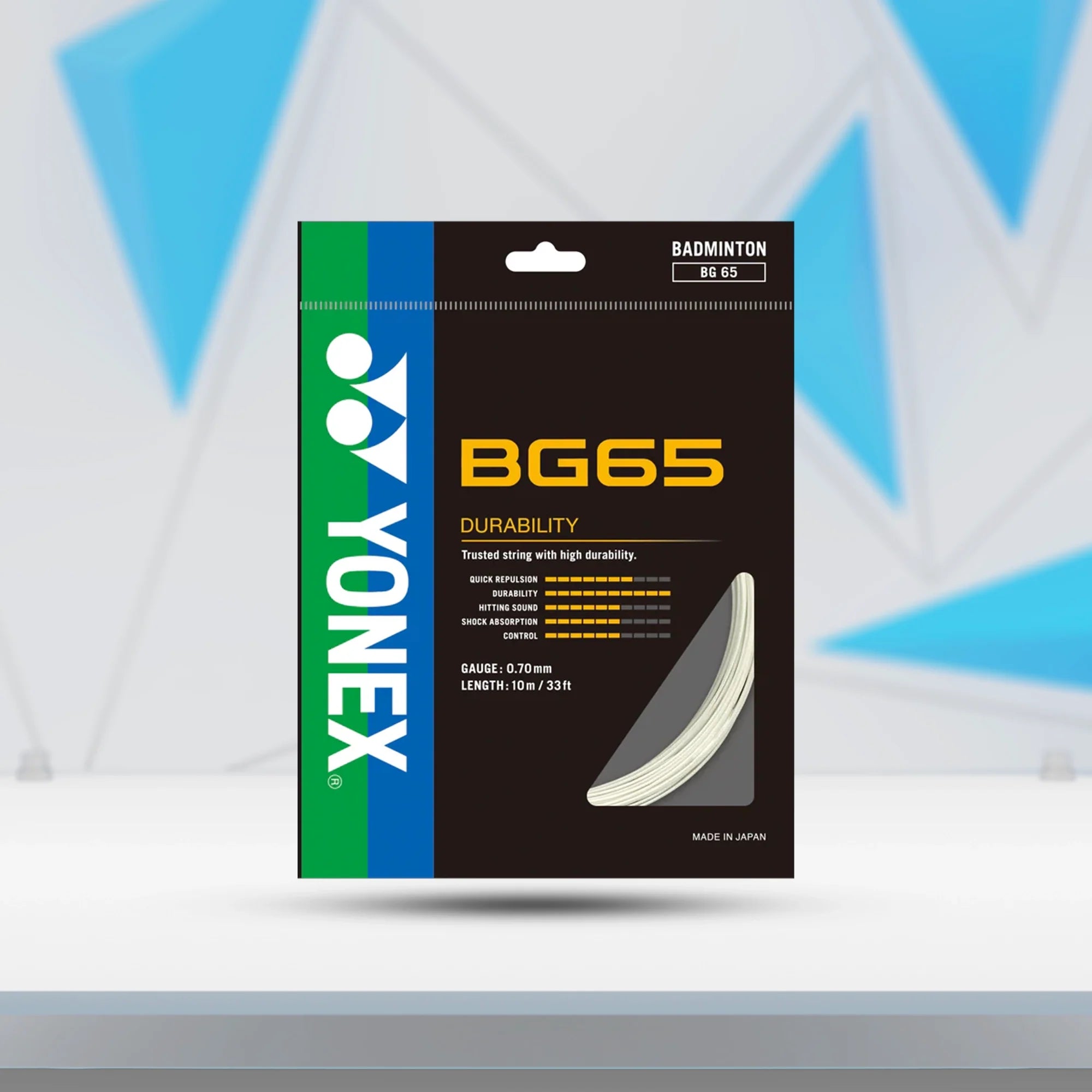 Review of Yonex BG 65 - 0.7 mm badminton string highlighting durability and performance.
