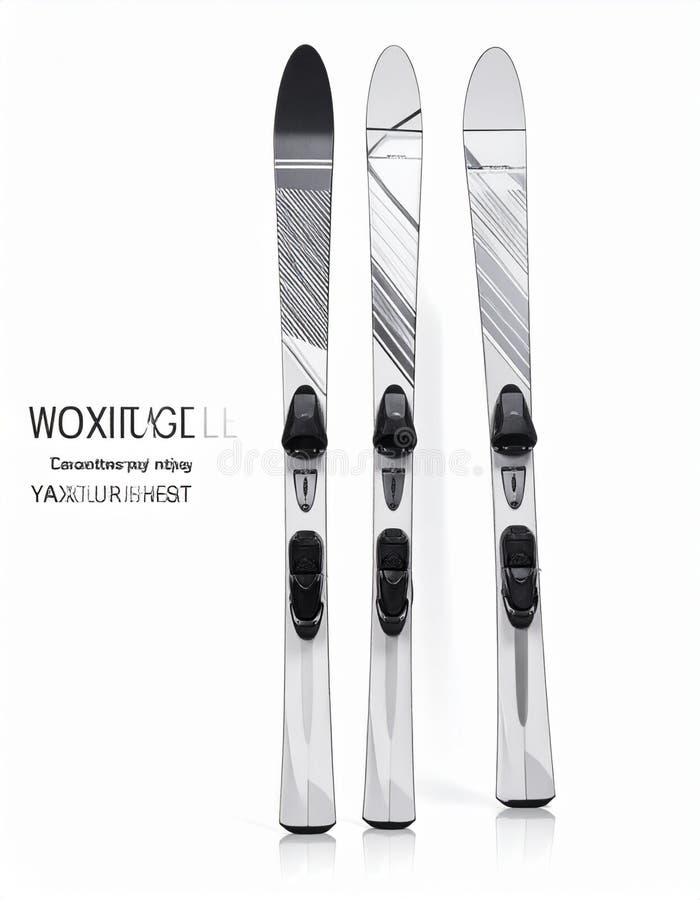 A collection of colorful skiing gear including skis, poles, and a helmet on a clear white background