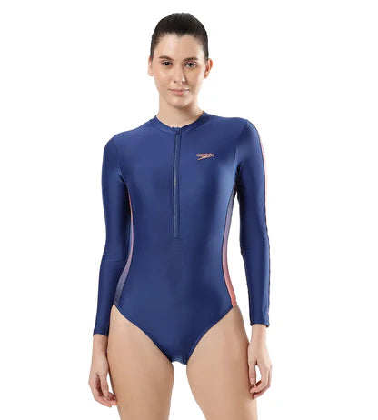 Speedo Women's Endura Brite Long Sleeve Closedback One Piece Swimwear - Ammonite & Soft Coral