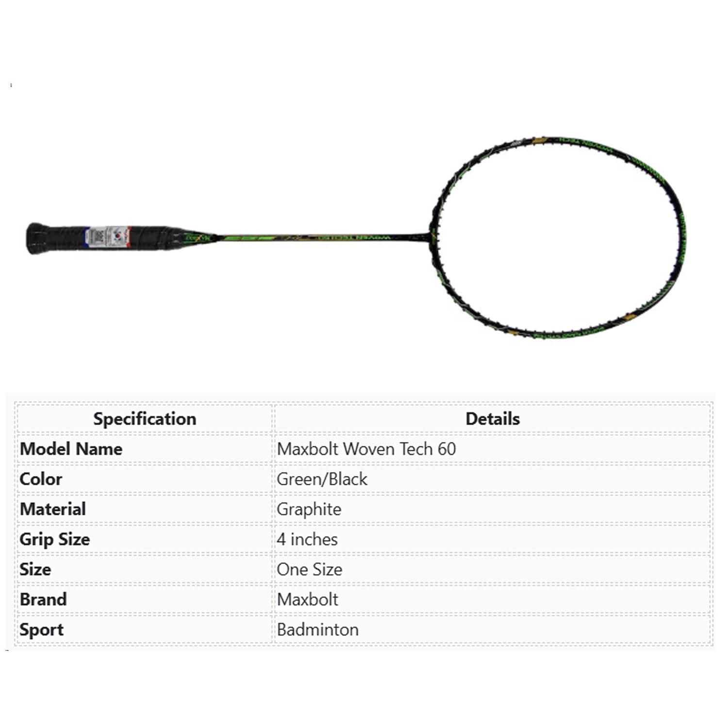 Maxbolt Woven Tech 60 Badminton Racket - Green/Black