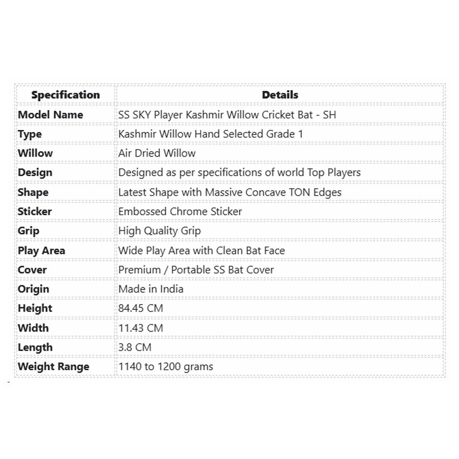 SS SKY Player Kashmir Willow Cricket Bat - SH