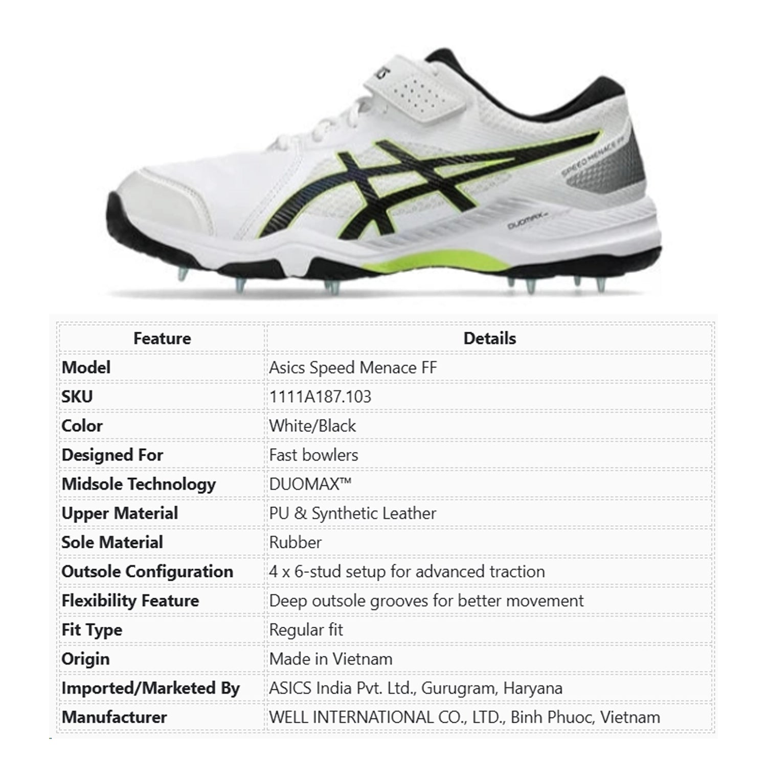 Asics Speed Menace FF Cricket Shoes (White/Black) - 1111A187.103