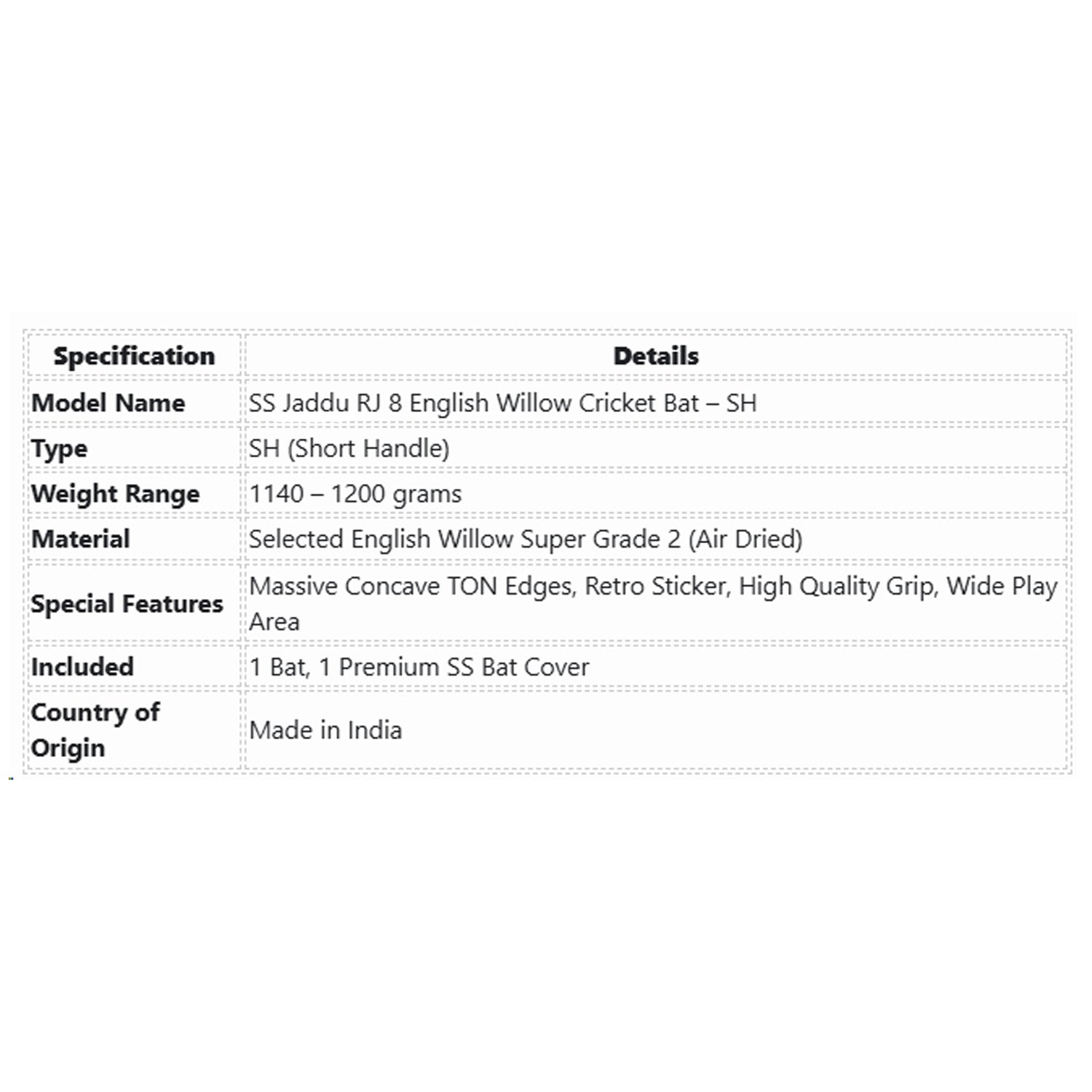 SS Jaddu RJ 8 English Willow Cricket Bat - SH