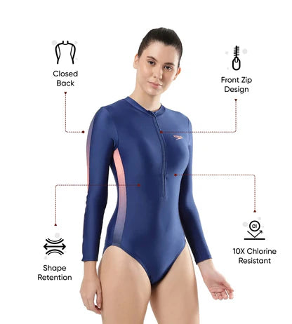 Speedo Women's Endura Brite Long Sleeve Closedback One Piece Swimwear - Ammonite & Soft Coral