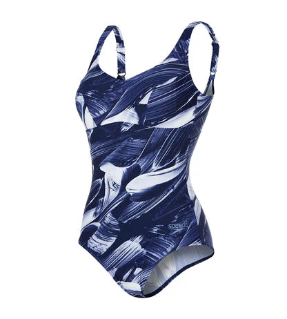 Speedo Women's Endurance + Water Shimmer Printed U-Back V-Cut Swimsuit - Navy, Vita Grey & White