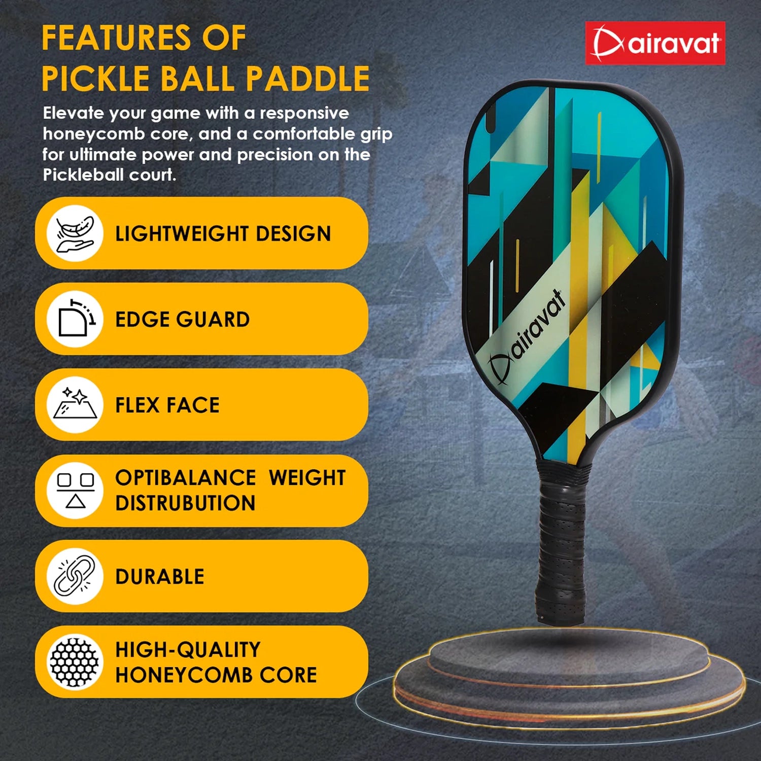 Airavat_Bang_Pickleball_Paddle_with_Fibreglass_surface_and_Polymer_Core_Spec_Instasport