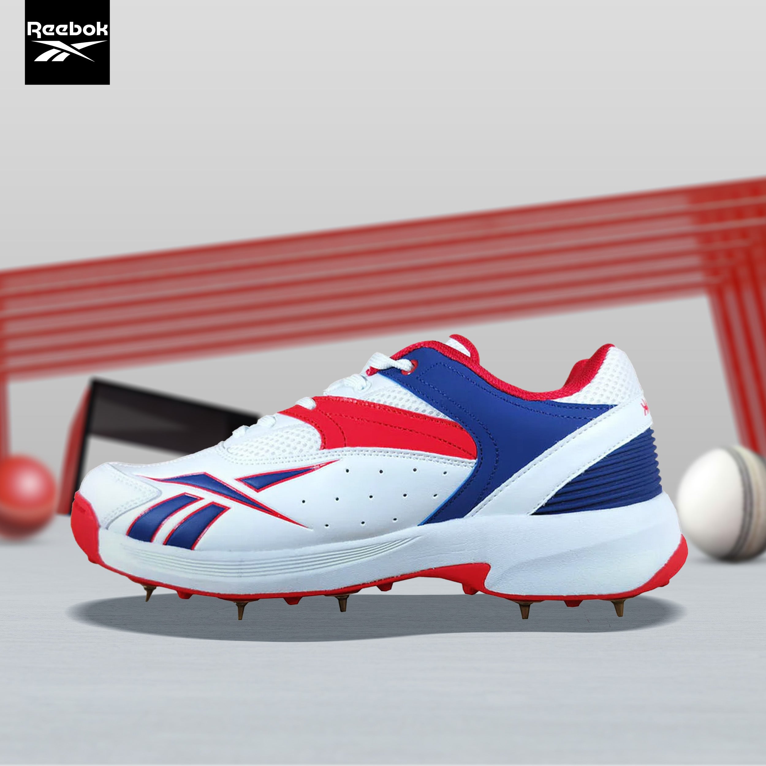 Reebok Not Out Syndicate Cricket Spike Shoes (White/Blue/Red) InstaSport
