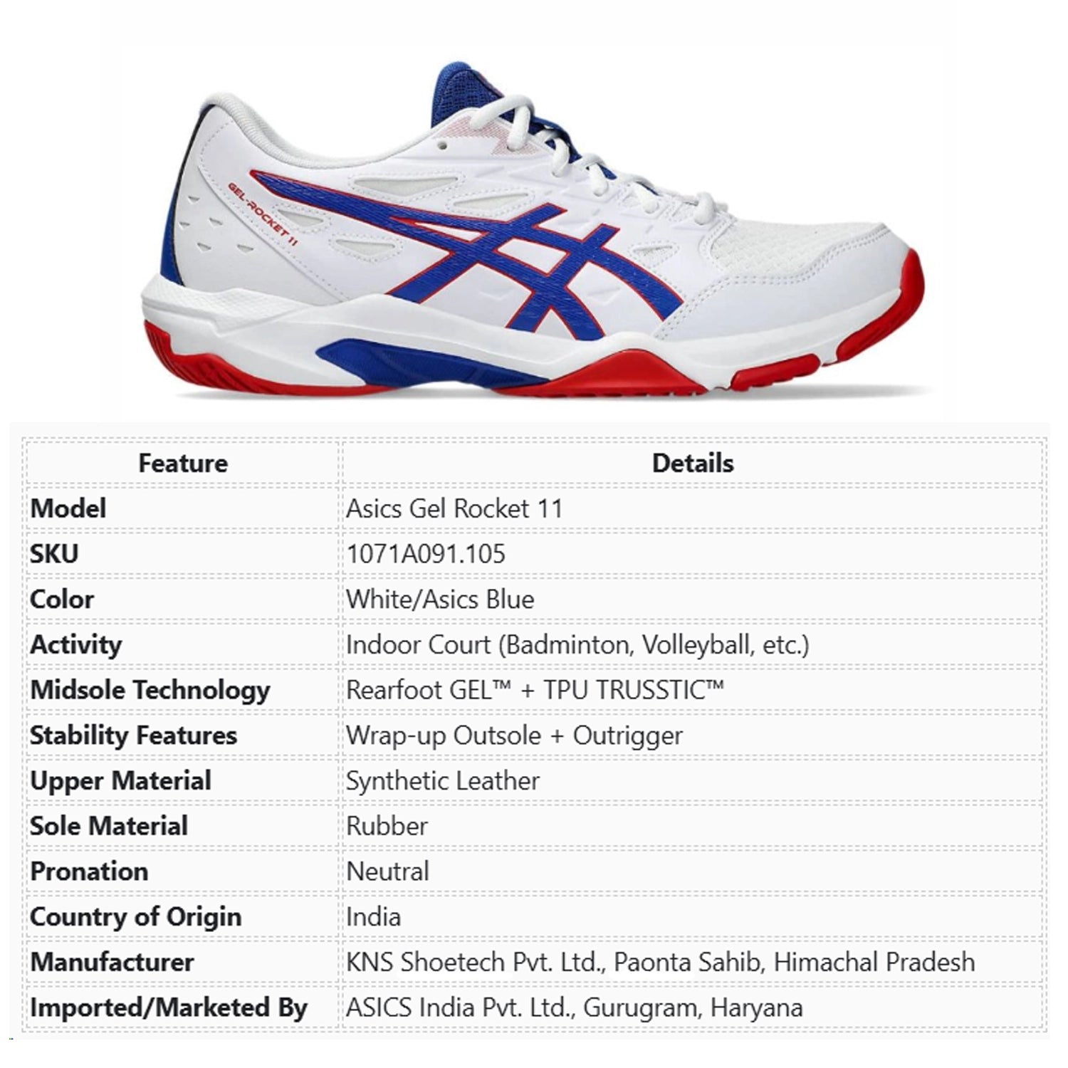 Asics Gel Rocket 11 Badminton Shoes (White/ Asics Blue) - 1071A091.105