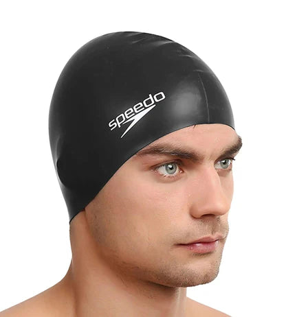 Speedo_Unisex_Flat_Silicone_Adult_Swimming_Cap_Black_Model_InstaSport