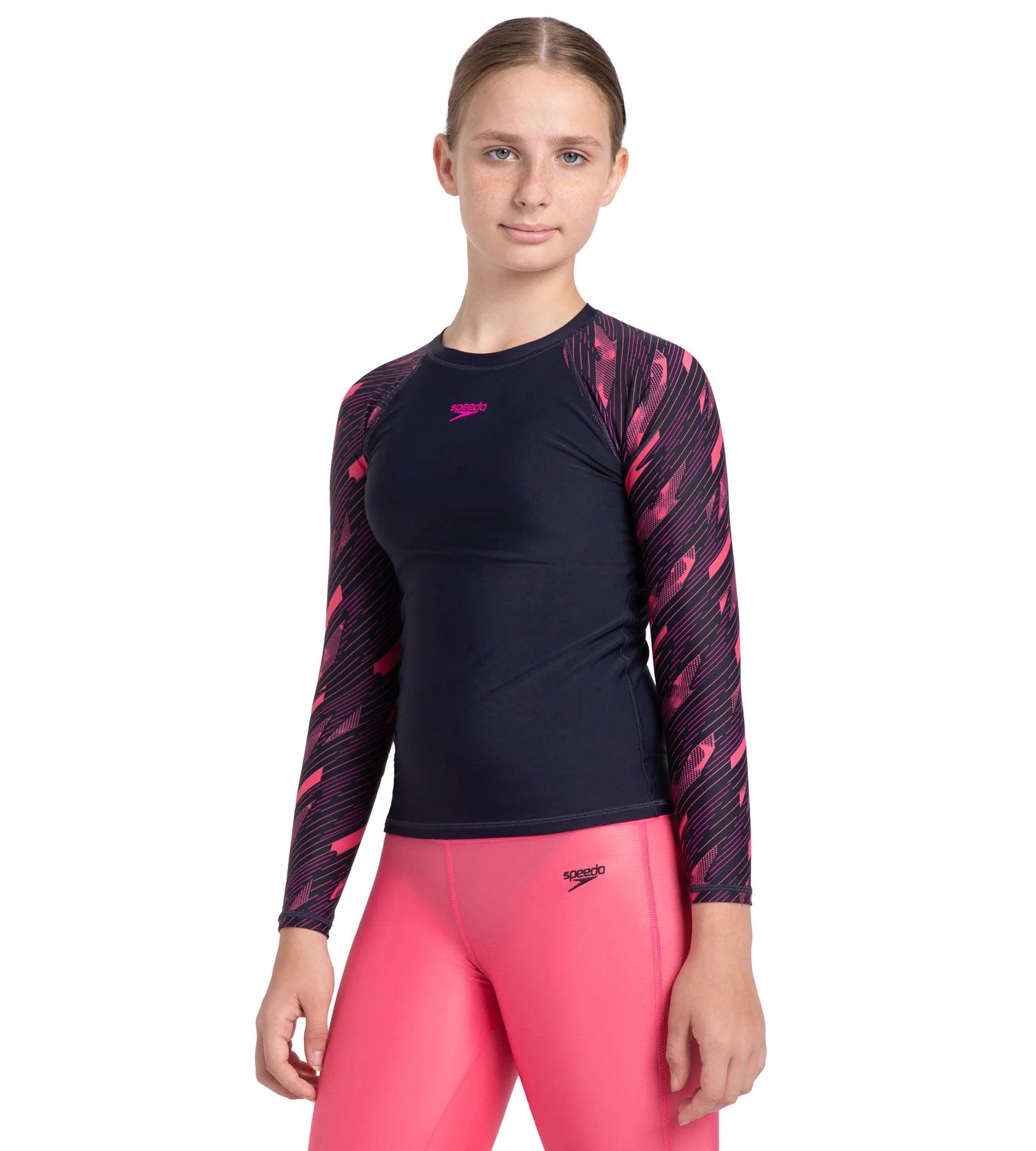 Speedo Girl's Endurance 10 Hyperboom Long Sleeve Suntop - True Navy & Electric pink - Suntops | Speedo | InstaSport