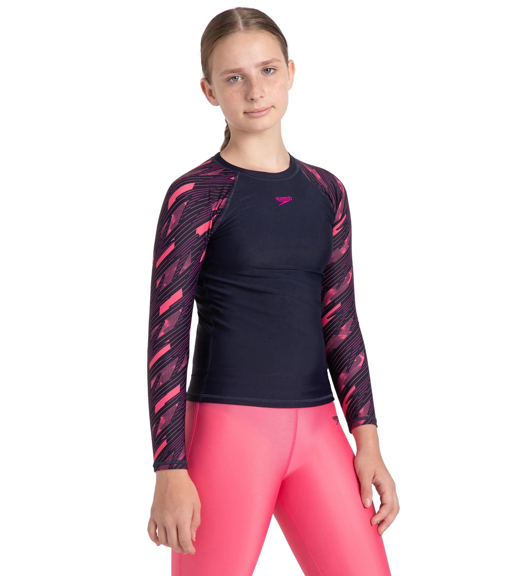 Speedo Girl's Endurance 10 Hyperboom Long Sleeve Suntop - True Navy & Electric pink - Suntops | Speedo | InstaSport