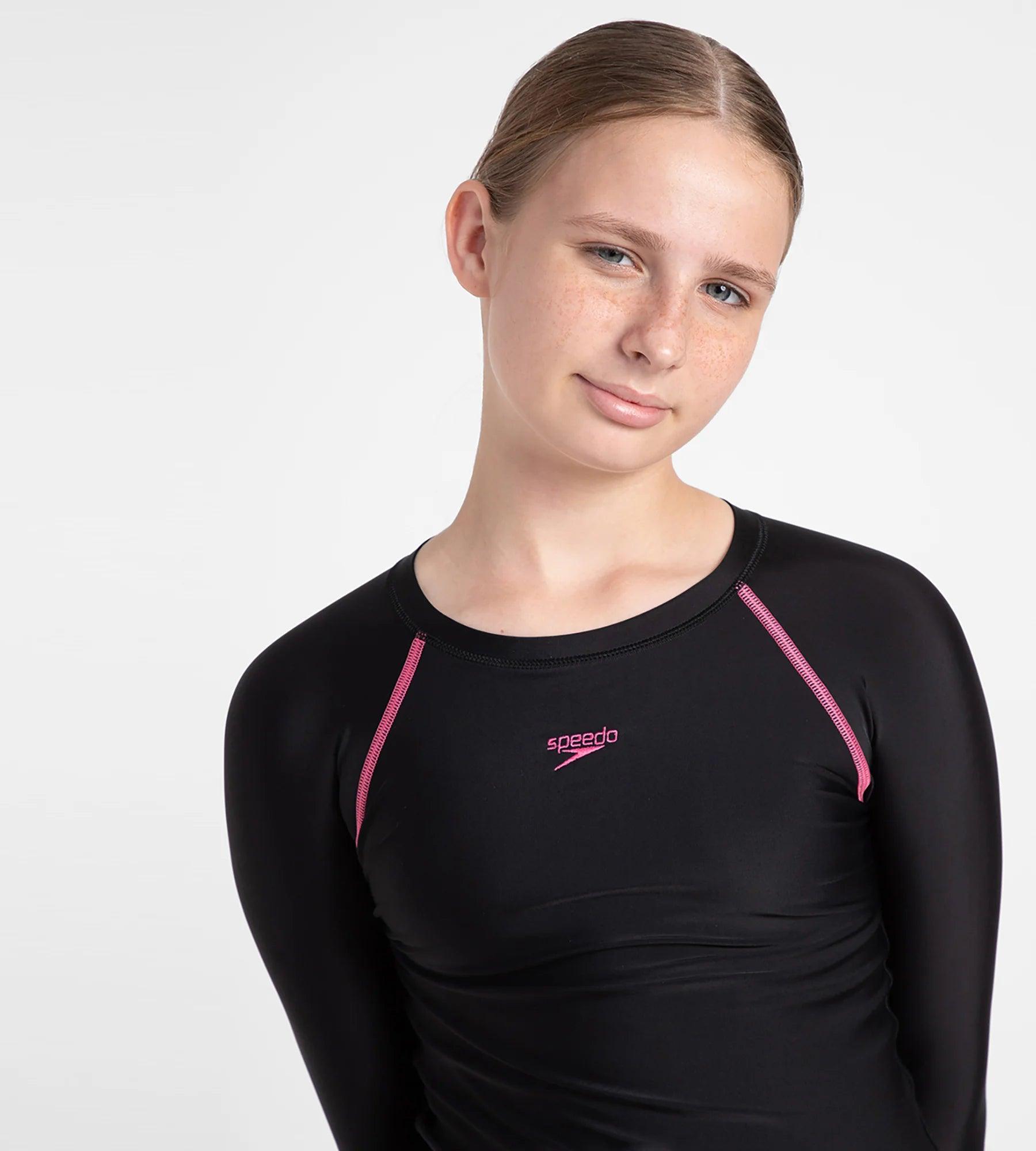 Speedo Girl's Endurance 10 Long Sleeve Suntop - Black & Fandango Pink | Buy Suntops Online in India – InstaSport