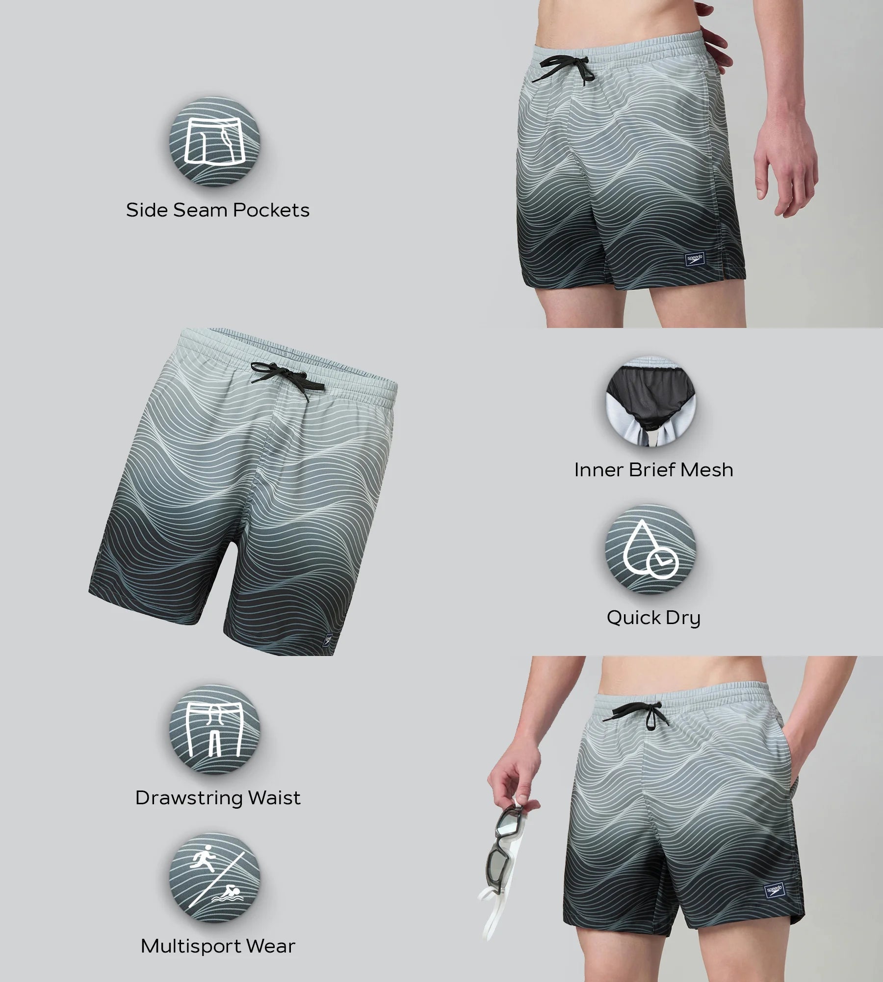 Speedo Men's 4 Way Comfort Stretch Essential Printed Watershorts With Side Pockets - Antracite & Coin Grey - Watershorts | Speedo | InstaSport