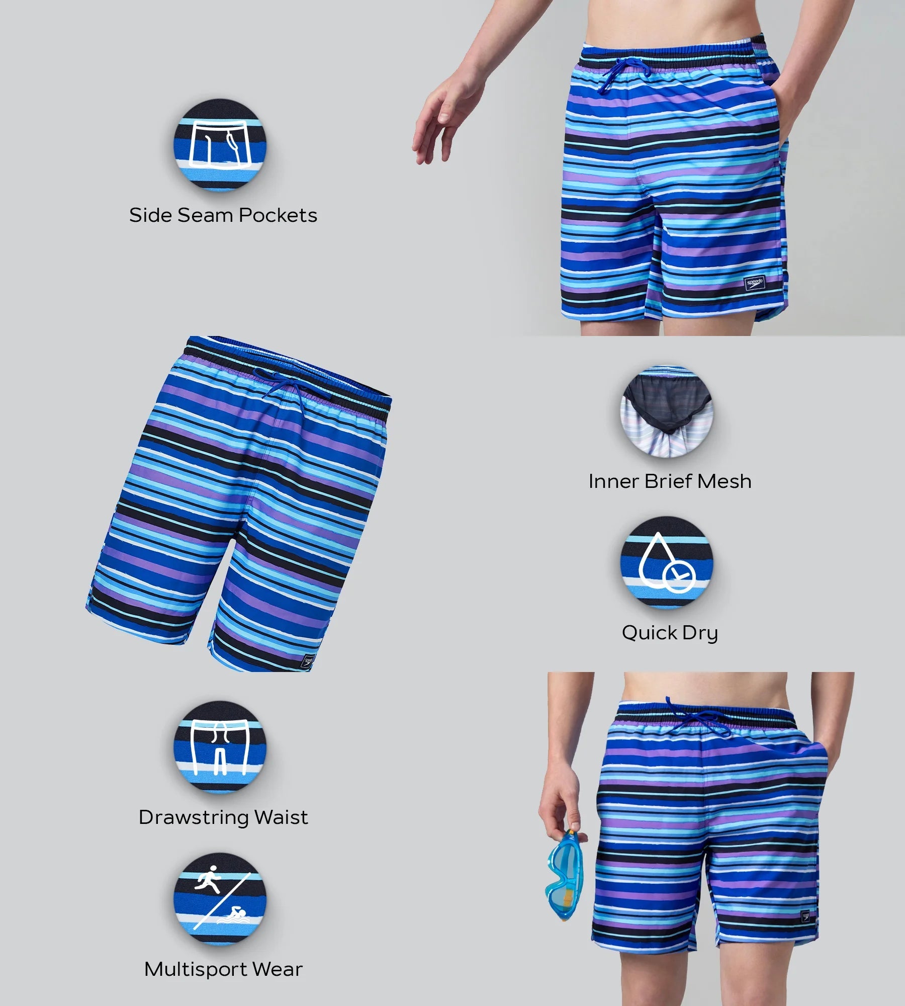 Speedo Men's 4 Way Comfort Stretch Essential Printed Watershorts With Side Pockets - Peacoat & Periwinkle Blue - Watershorts | Speedo | InstaSport