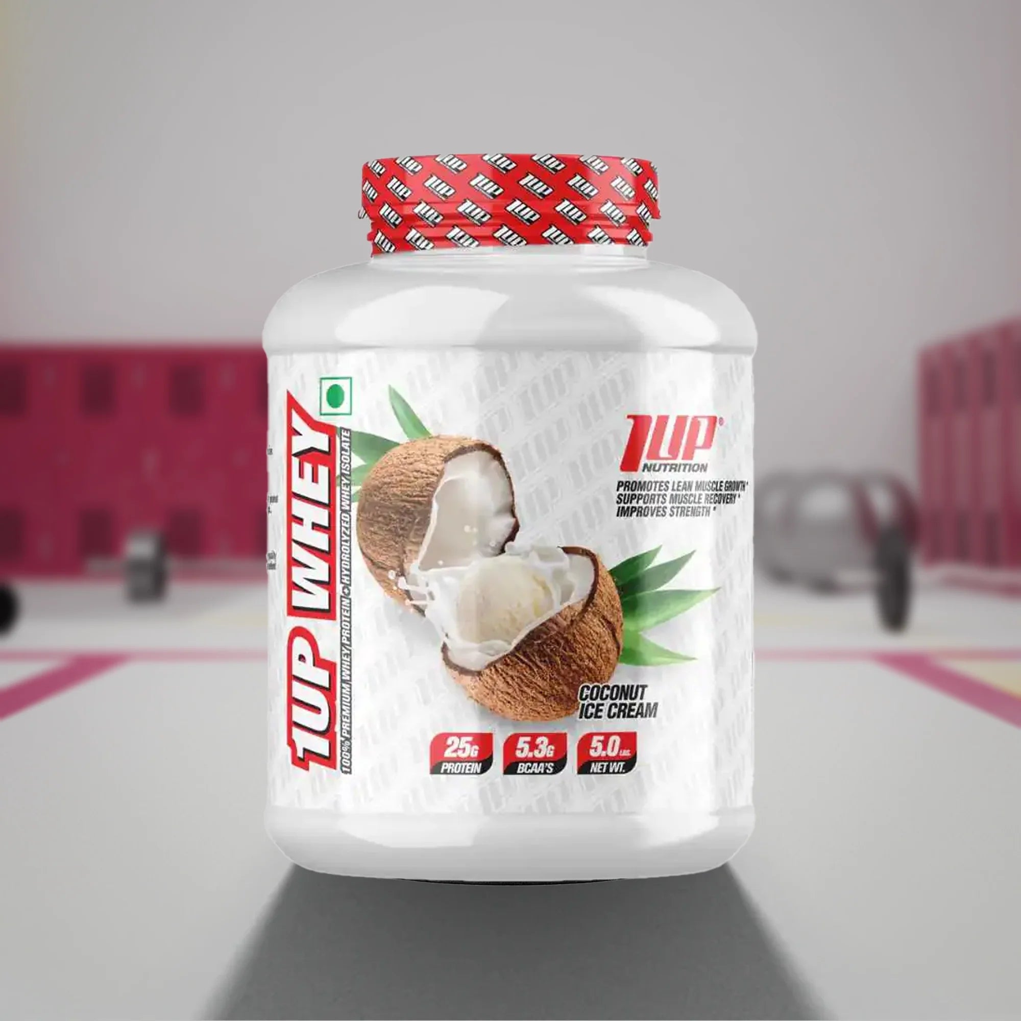 1UP Whey Protein in Coconut Ice Cream flavor for muscle growth and recovery