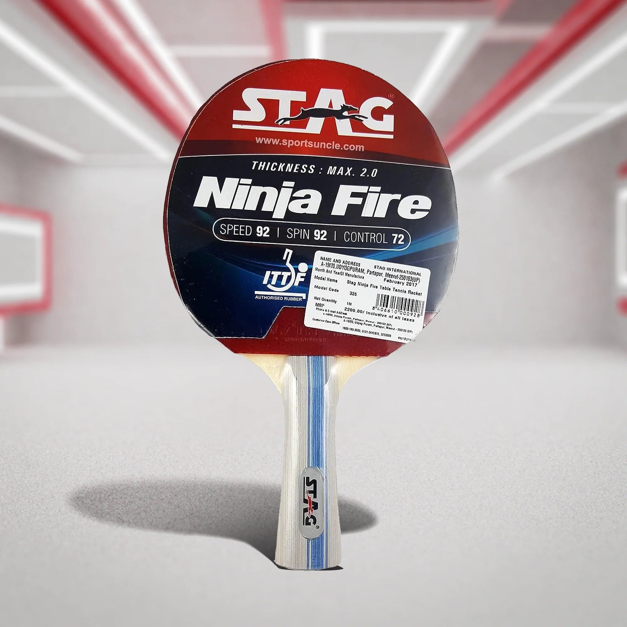 Stag Ninja Fire Table Tennis Racquet with features like speed, spin, and control.