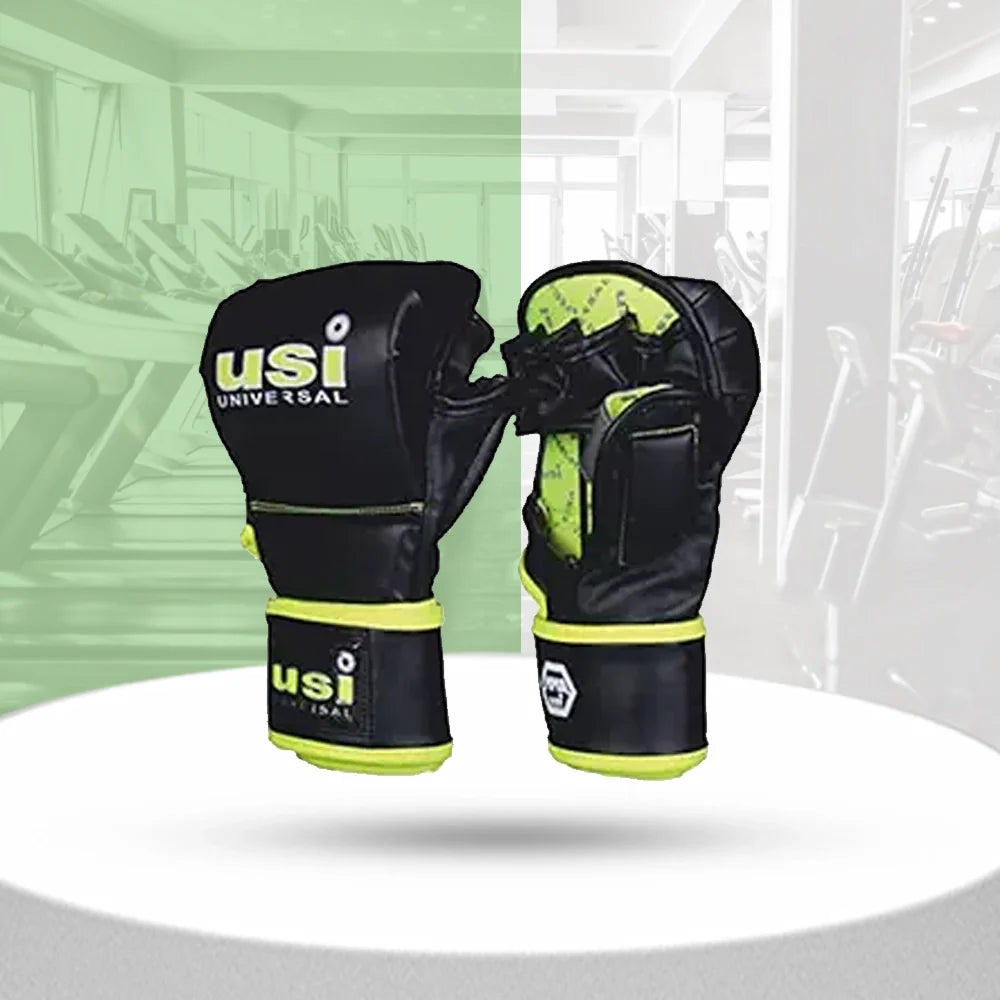 A pair of USI Universal Strike Training Boxing Gloves in black color on a plain white background.