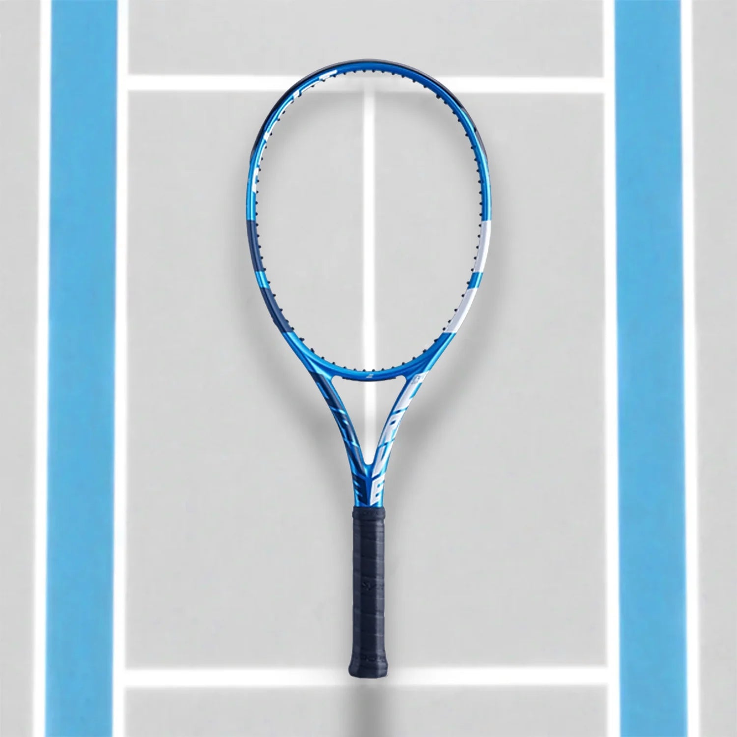 A serene tennis court with a Babolat EVO Drive Tour Tennis Racquet resting beside a yoga mat.