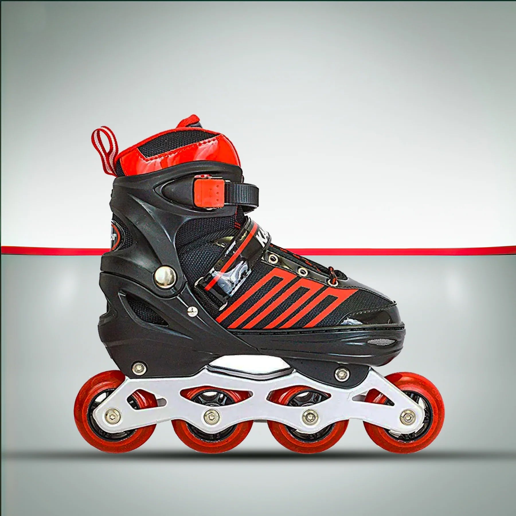 Kamachi K-1006 Adjustable Aluminium Inline Skates (70 mm wheels) in red on a clean background.