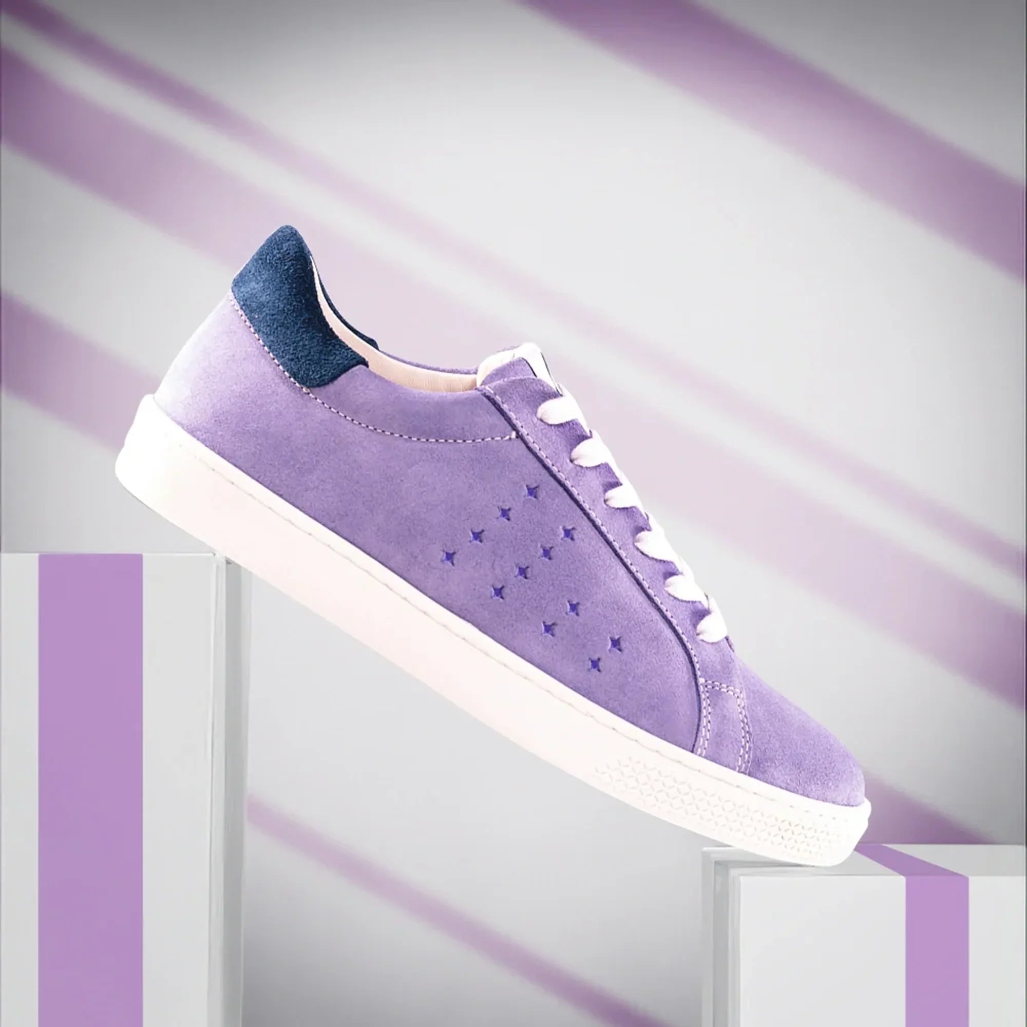 Lazo Halo Sneaker in Galaxy Purple and Iolite Blue, showcasing eco-friendly suede and unique tongue graphic.
