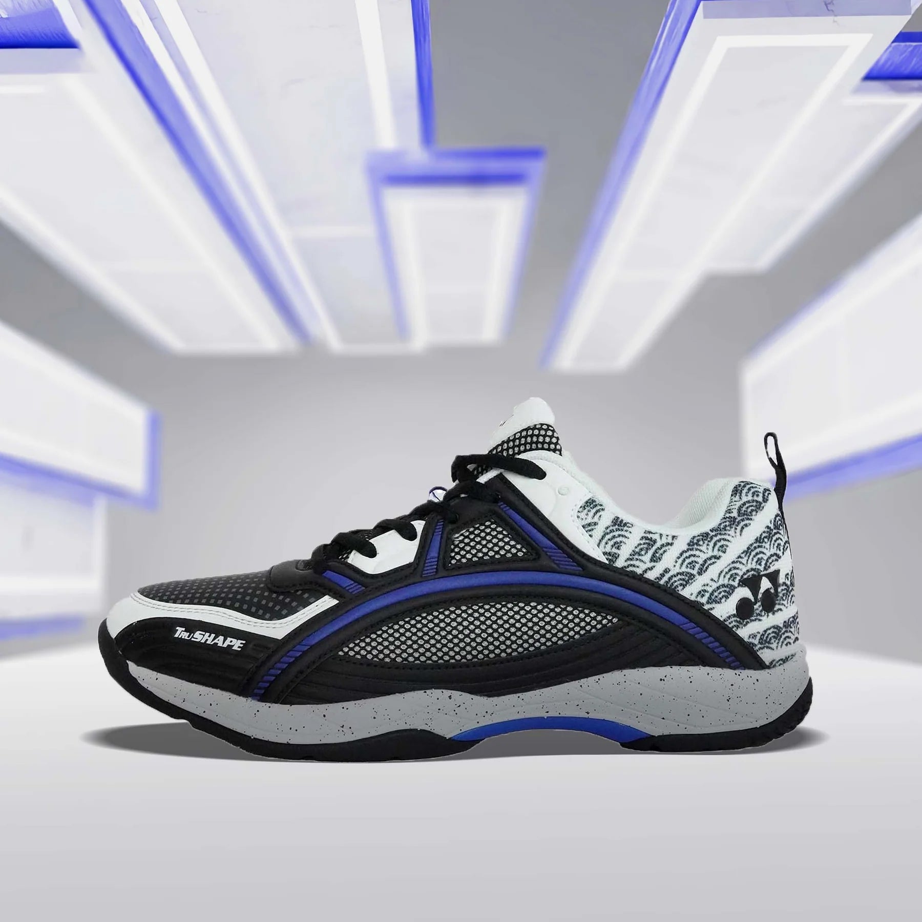 YONEX Tokyo Ultima Badminton Shoes in White/Black/Ultramarine with Hexagrip sole on a clean background.