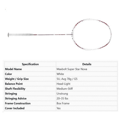 Maxbolt Super Star Nova Badminton Racket - White