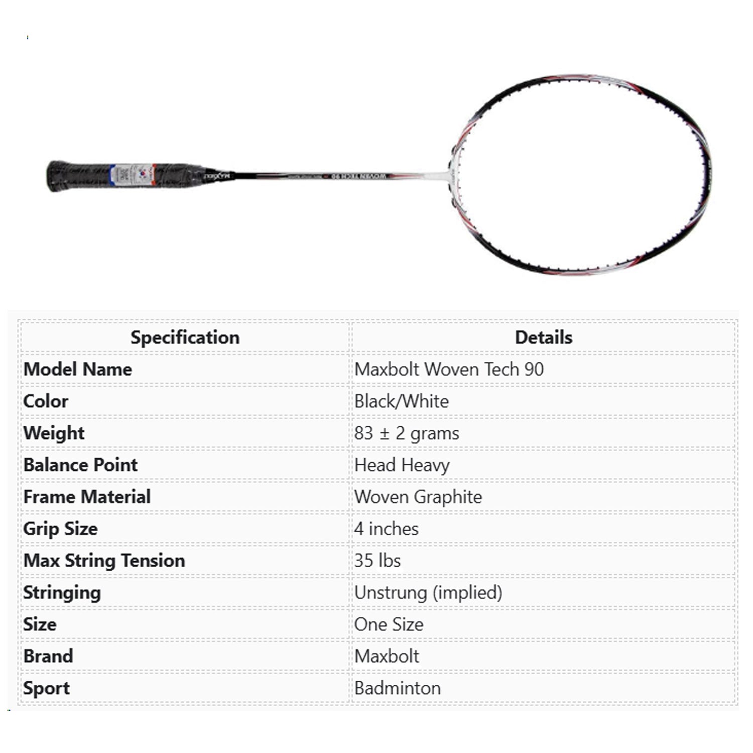 Maxbolt Woven Tech 90 Badminton Racket - Black/ White
