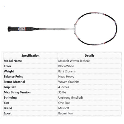Maxbolt Woven Tech 90 Badminton Racket - Black/ White