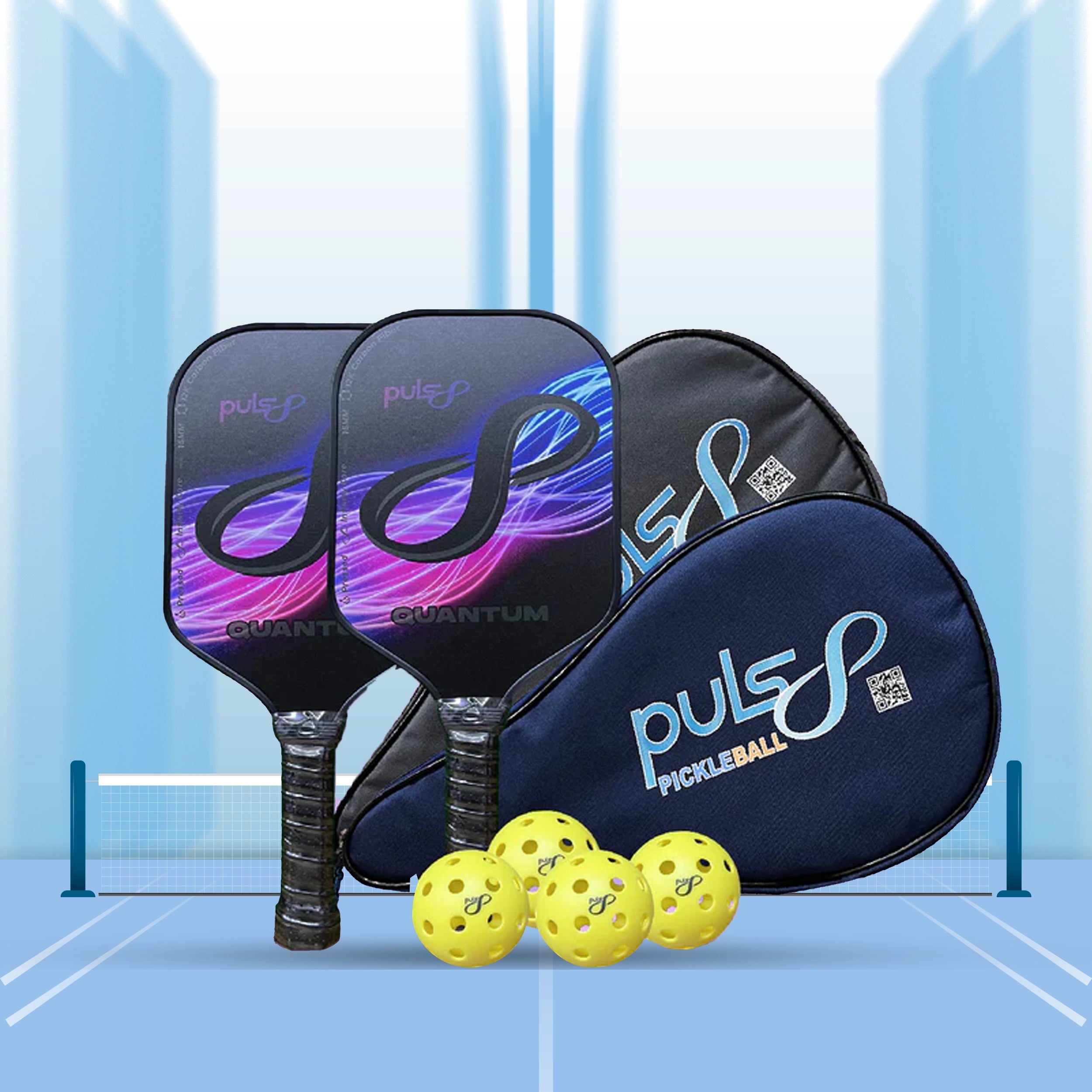 Puls8 Quantum 12K Carbon Pickleball Paddle 16mm (2 Paddles + 2 Cover Bag + 4 Balls)