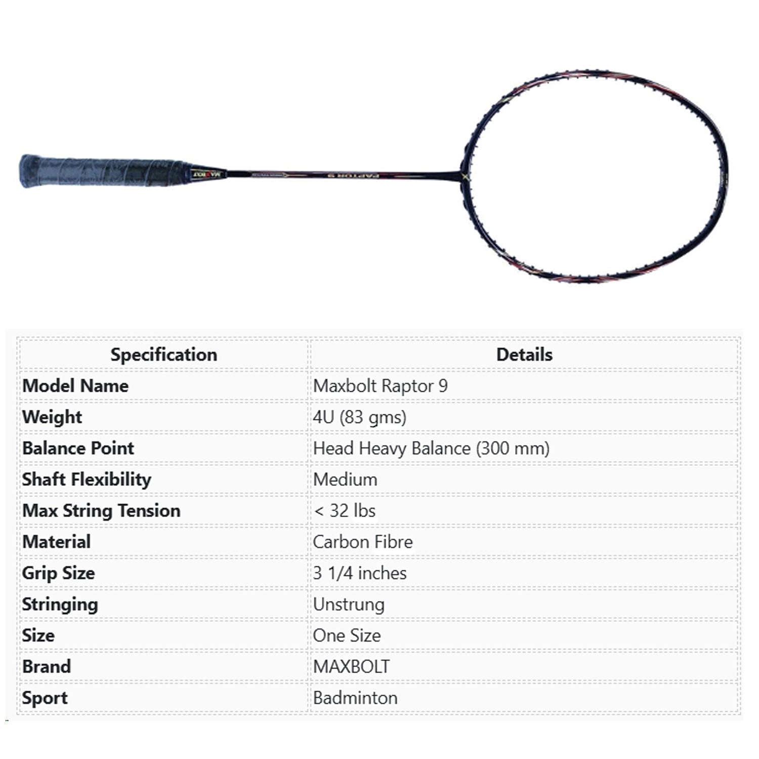 Maxbolt Raptor 9 Badminton Racket (Unstrung)