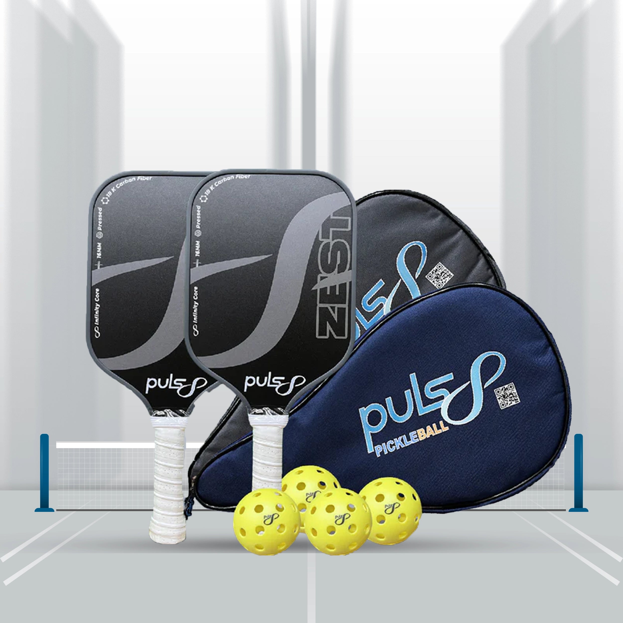 Puls8 Zest 18K Carbon Pickleball Paddle 16mm (2 Paddles + 2 Cover Bag + 4 Balls)