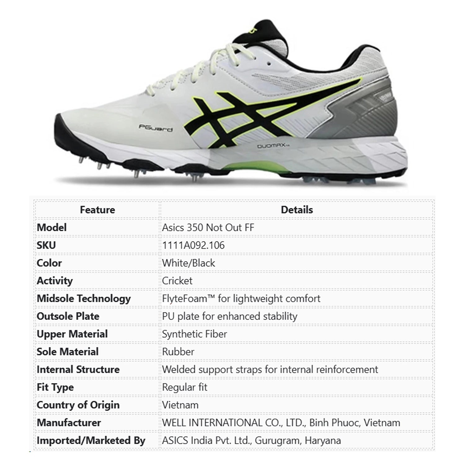 Asics 350 Not Out FF Cricket Shoes - (White/Black) - 1111A092.106
