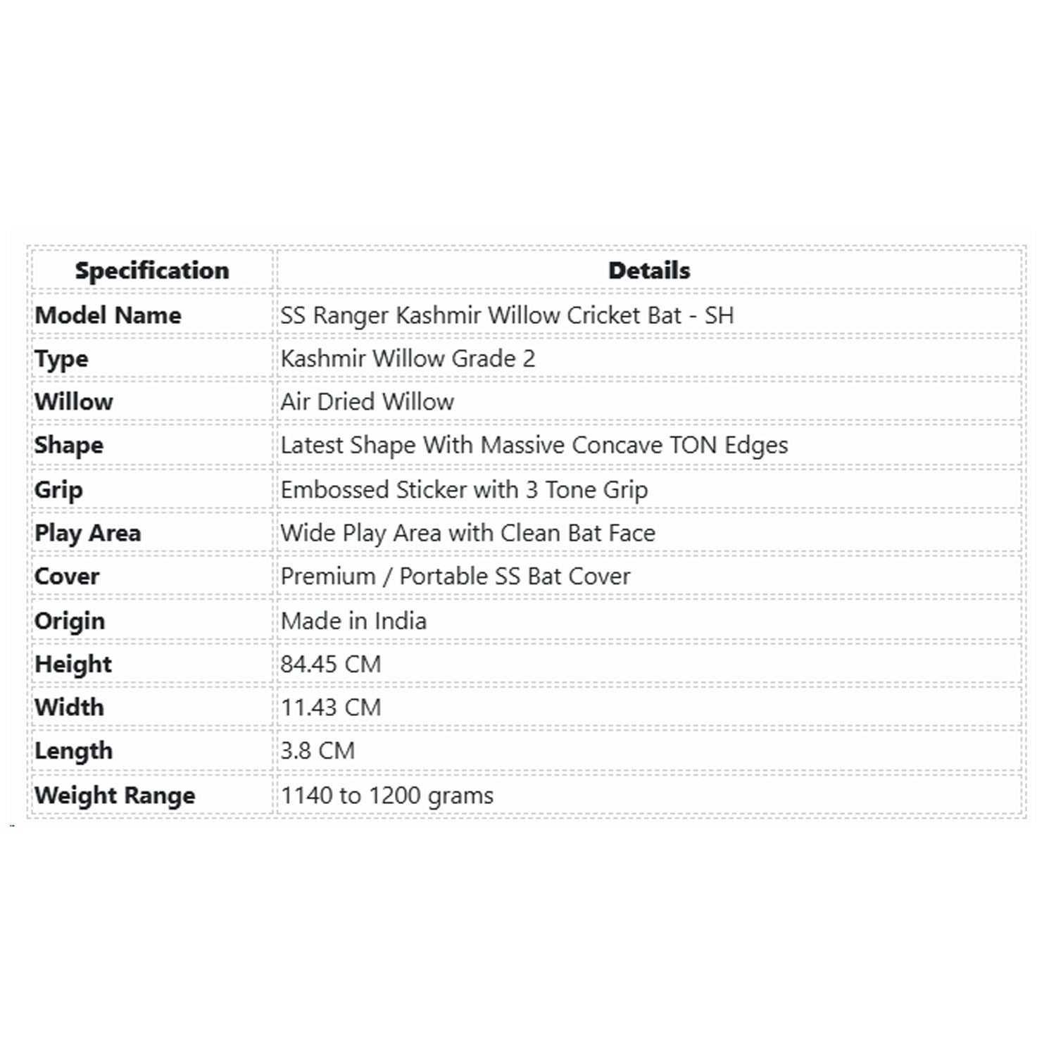 SS Ranger Kashmir Willow Cricket Bat - SH