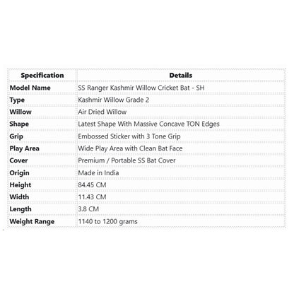 SS Ranger Kashmir Willow Cricket Bat - SH
