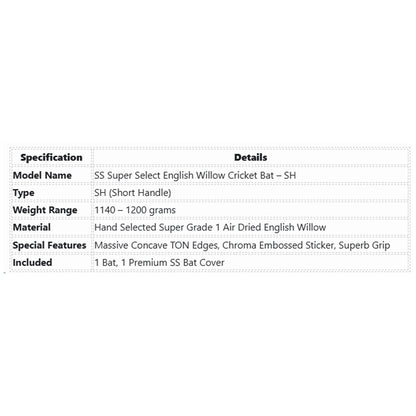 SS Super Select English Willow Cricket Bat - SH