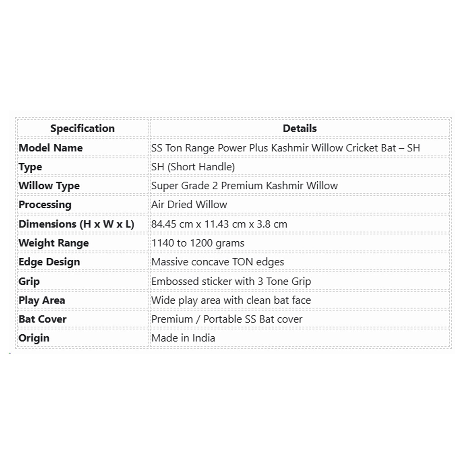 SS Ton Range Power Plus Kashmir Willow Cricket Bat - SH