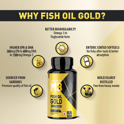 MuscleBlaze Omega 3 Fish Oil Gold 3x Triple Strength (EPA & DHA) - 60 Capsules - InstaSport