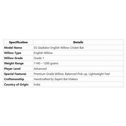SS Gladiator English Willow Cricket Bat - SH