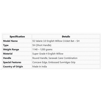SS Valarie 3.0 English Willow Cricket Bat - SH