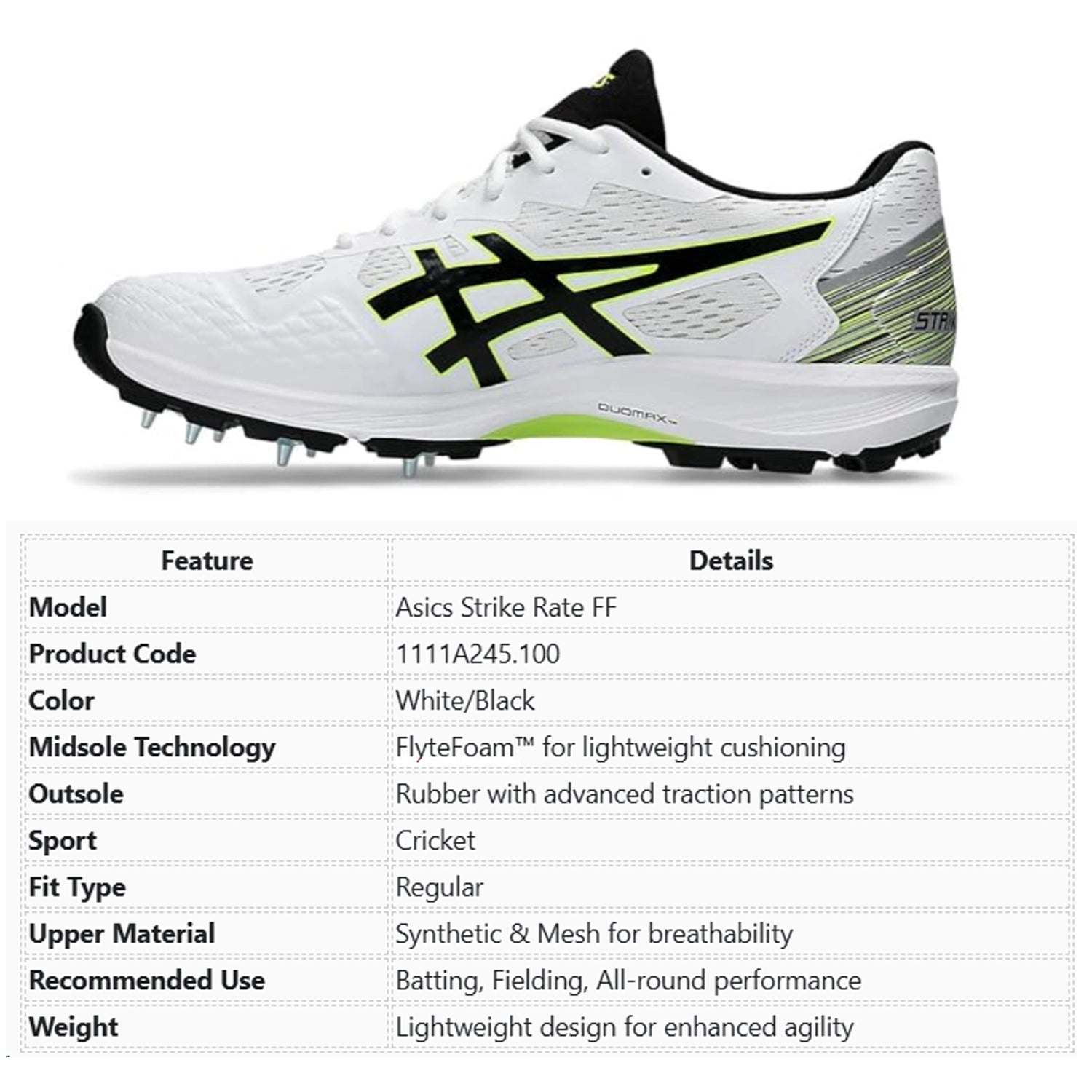 Asics Strike Rate FF Cricket Shoes - (White/Black) - 1111A245.100