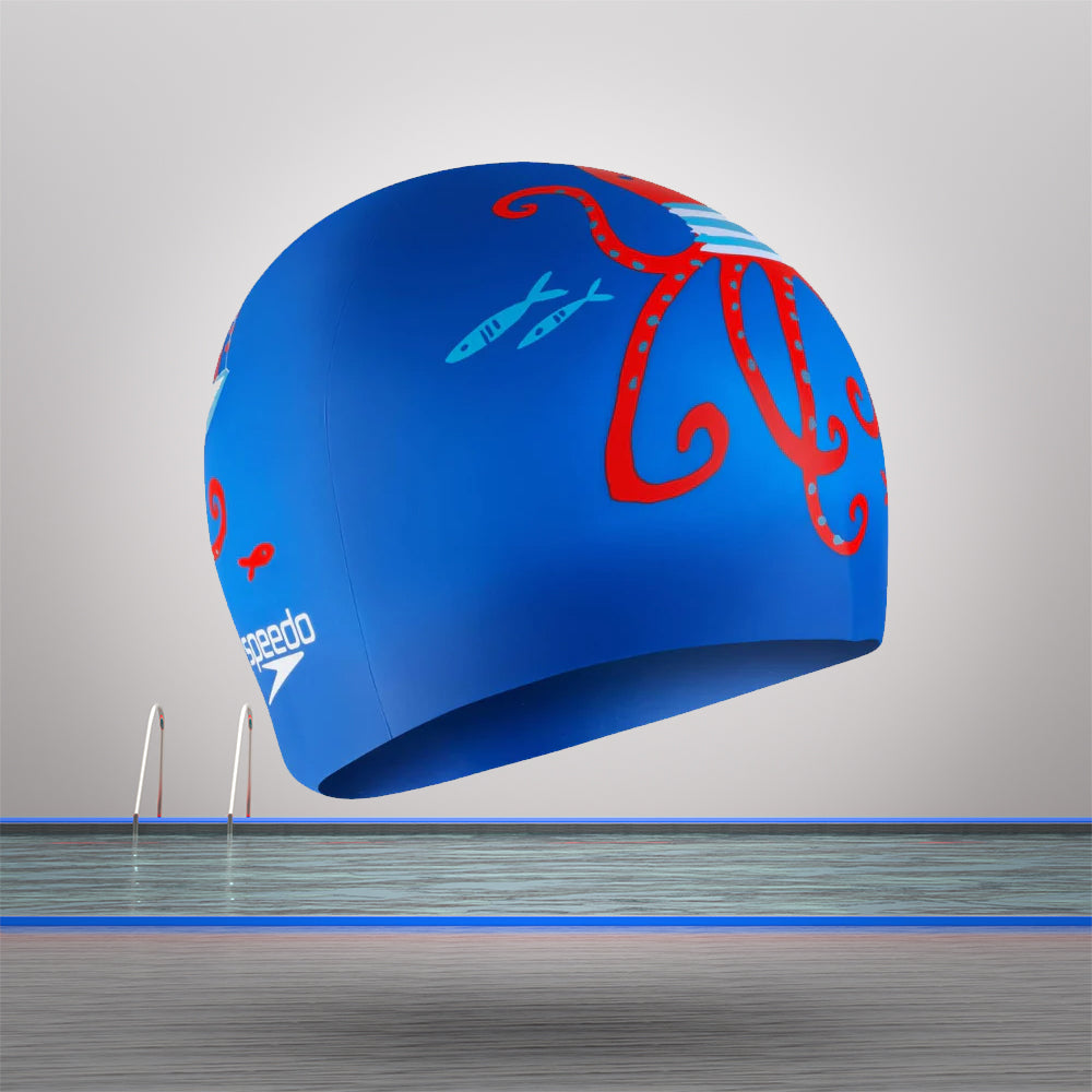 Speedo Unisex Junior Slogan Print Swim Caps (Blue/Red)