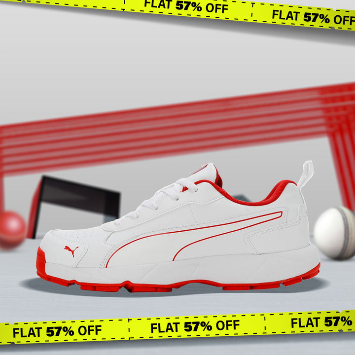 Puma Classicat Cricket Shoes for Men (White/Grey Dawn/Red Blast) - DOD