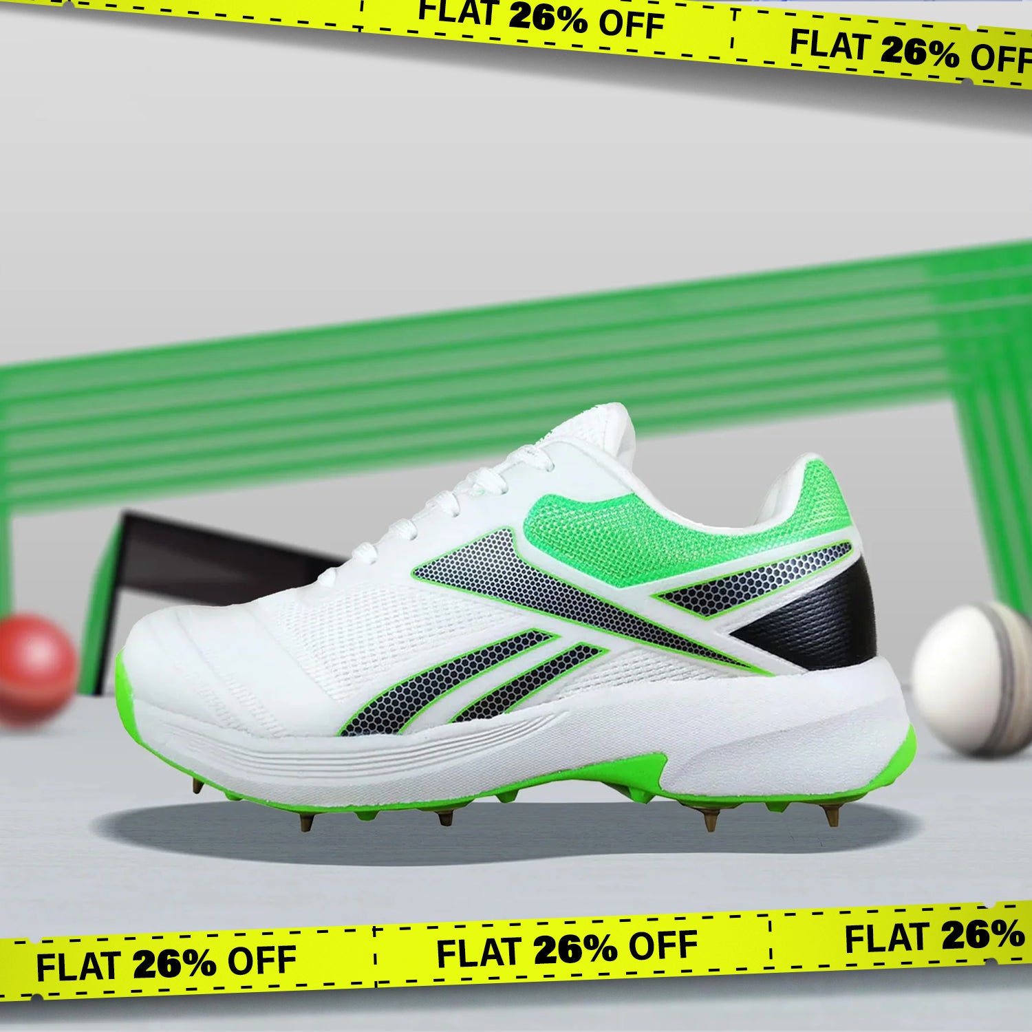 Reebok All Round Kaiser Cricket Spike Shoes (White/Black/Lime-R)  DOD - InstaSport