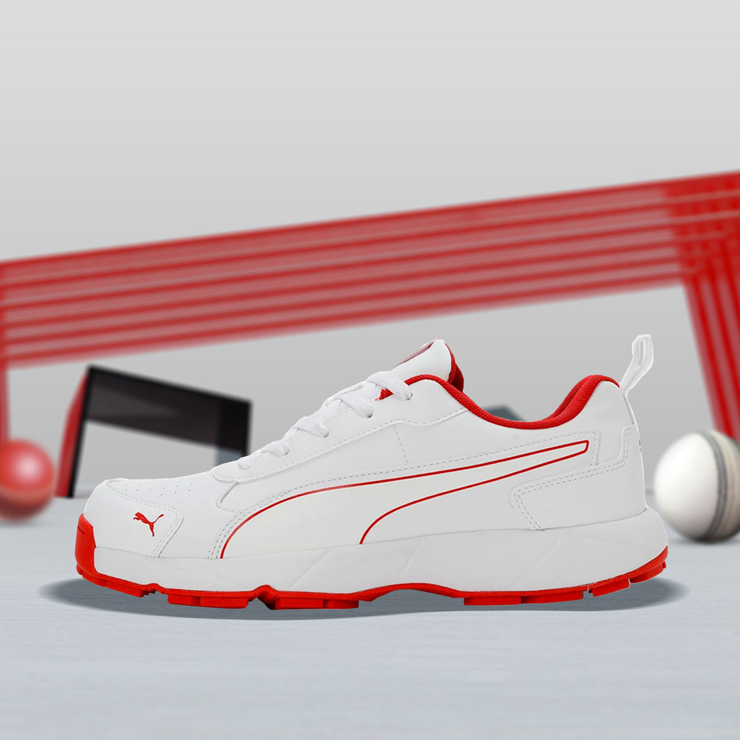 Puma Classicat Cricket Shoes for Men (White/Grey Dawn/Red Blast) - DOD