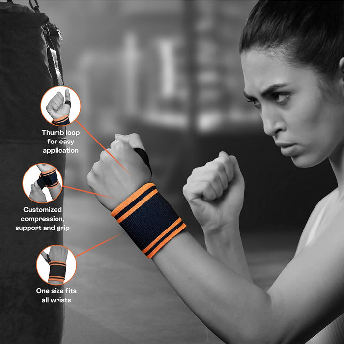 Tynor Wrist Wrap With Thumb Loop - Black & Orange (Pack of 2)