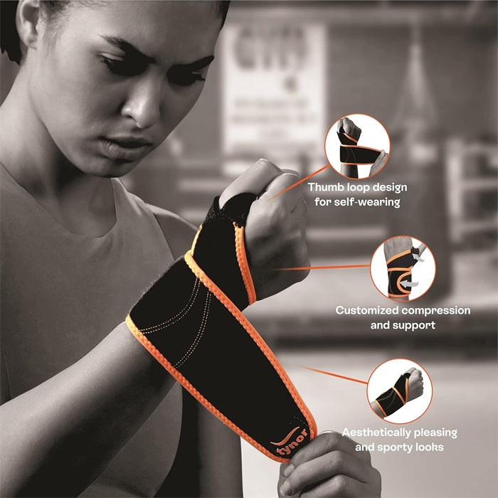 Tynor Wrist Support With Thumb Loop Neo - Black & Orange (Pack of 2)