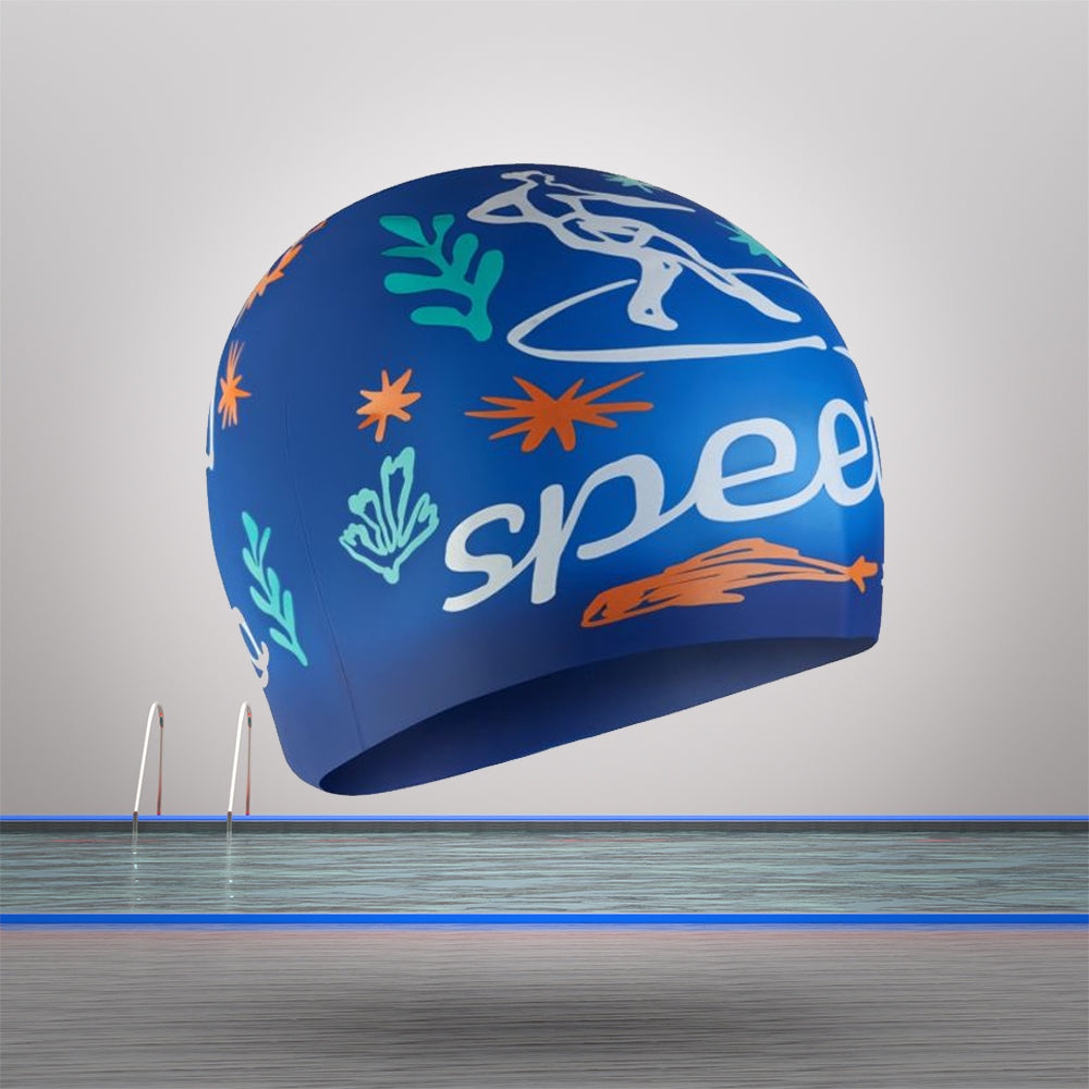 Speedo Unisex Junior Slogan Print Swim Caps (Blue/White)